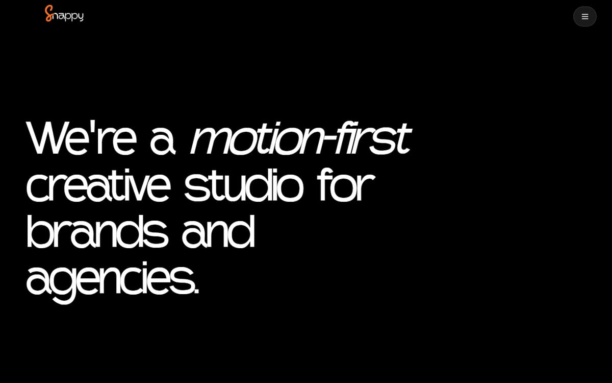 Snappy Motions homepage: “We’re a motion-first creative studio for brands and agencies” in large white type on black